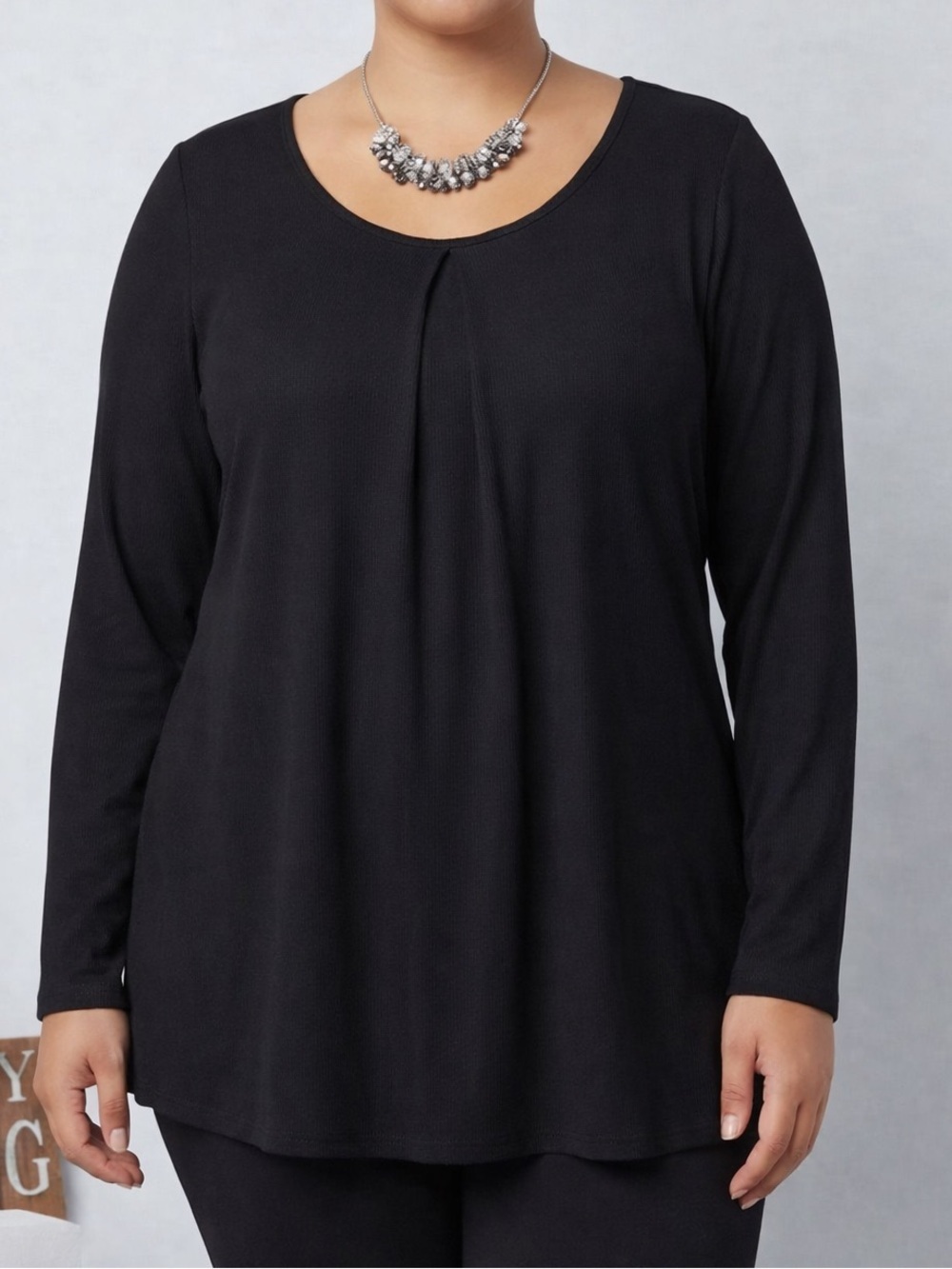 Agnes Orinda Black Waffle Pattern Pleat Blouse 1X
